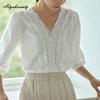 Korean Style Summer Women White Blouse V Neck Lace Patchwork Office Lady Shirt Puff Sleeve Elegant Feminine Chic Ladies' Blouse