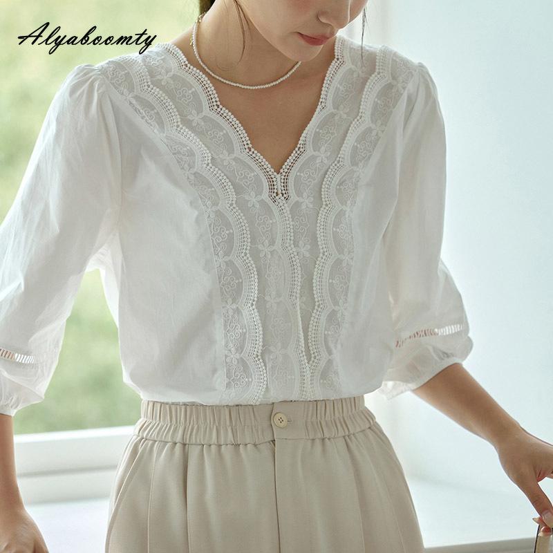 Korean Style Summer Women White Blouse V Neck Lace Patchwork Office Lady Shirt Puff Sleeve Elegant Feminine Chic Ladies' Blouse