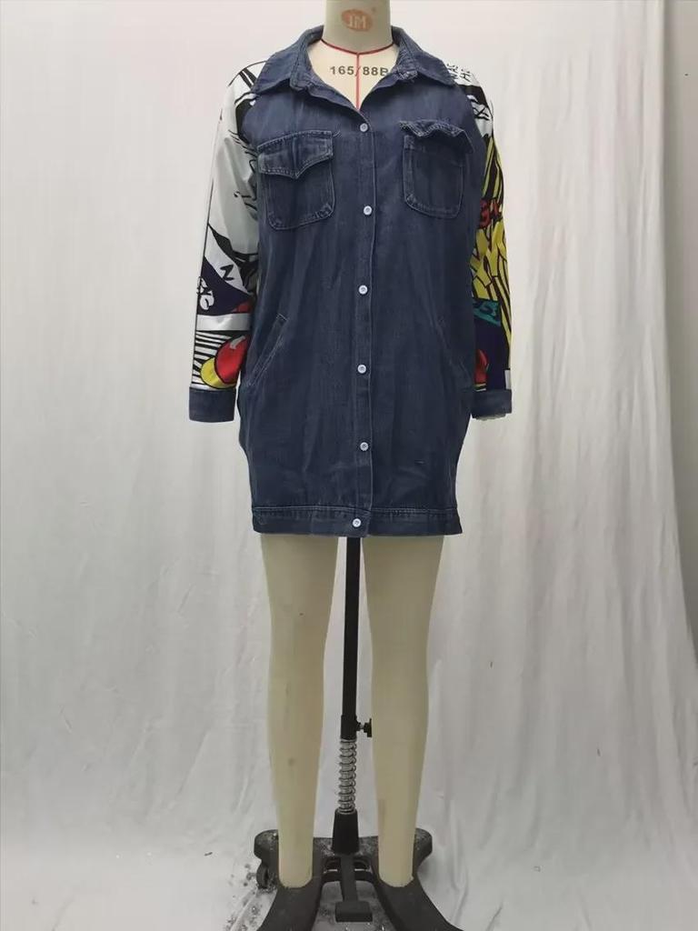 2025 Женская джинсовая ветровка с абстрактным узором - Креативное сращивание, свободная стираная куртка