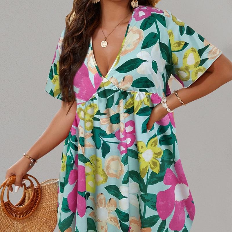 Летнее свободное платье с коротким рукавом и v-образным вырезом, милое платье с цветочным принтом, повседневное плиссированное платье больших размеров, женская одежда 28060