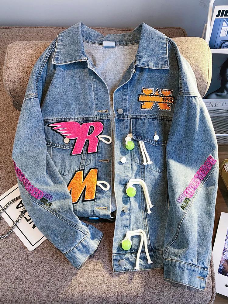 Осенне-зимняя модная джинсовая куртка большого размера для девочек с флокированными буквами, пальто, женское пальто с длинными рукавами для парней, джинсовая верхняя одежда для влюбленных пар