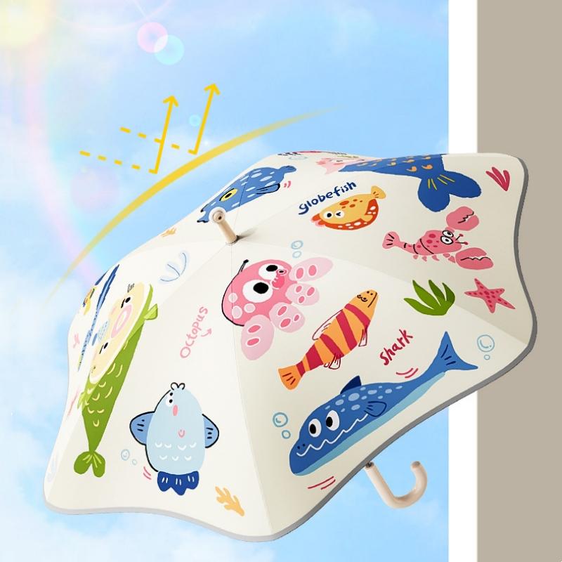 Безопасный детский зонт со светоотражающей полосой, милые зонты с закругленными углами со смешным колесиком, UPF50+ защита от УФ-лучей, солнцезащитный зонт от дождя