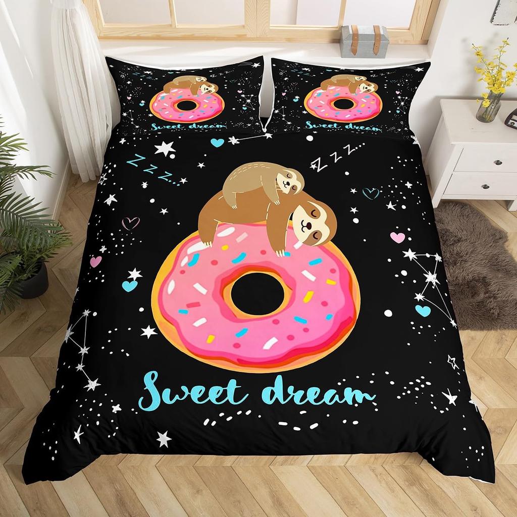 Cute Sloth Duvet Cover Watercolor Floral Bedding Set Lovely Jungle Animal Comforter Cover Twin King Kawaii Sloth Bedspread Cover