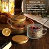 2/4/6Pcs Glass Coffee Cups with Bamboo Lids and Spoons Vintage Coffee Mugs Set 14 Oz Clear Embossed Glassware Tea Cups