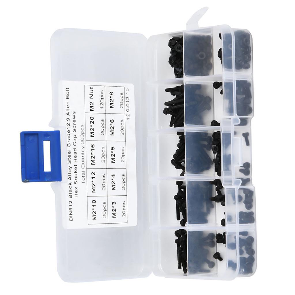 Комплект из 300 болтов и гаек M2 x 320 мм из черной легированной стали класса 12.9 с шестигранным углублением под ключ