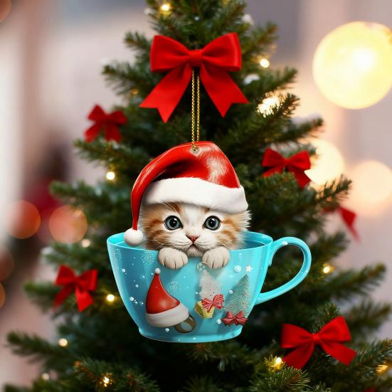 Christmas Pendant 2D Acrylic Cat Sitting Mug Charm Hanging Decor with Lanyard Holiday Party Decoration