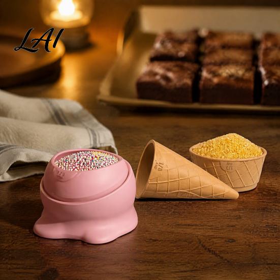 Cute Ice Cream Shaped Utensils Cone Measuring Cups Set Detachable Plastic Essential Baking Supplies for Home Spoons Stackable Kitchen Tool