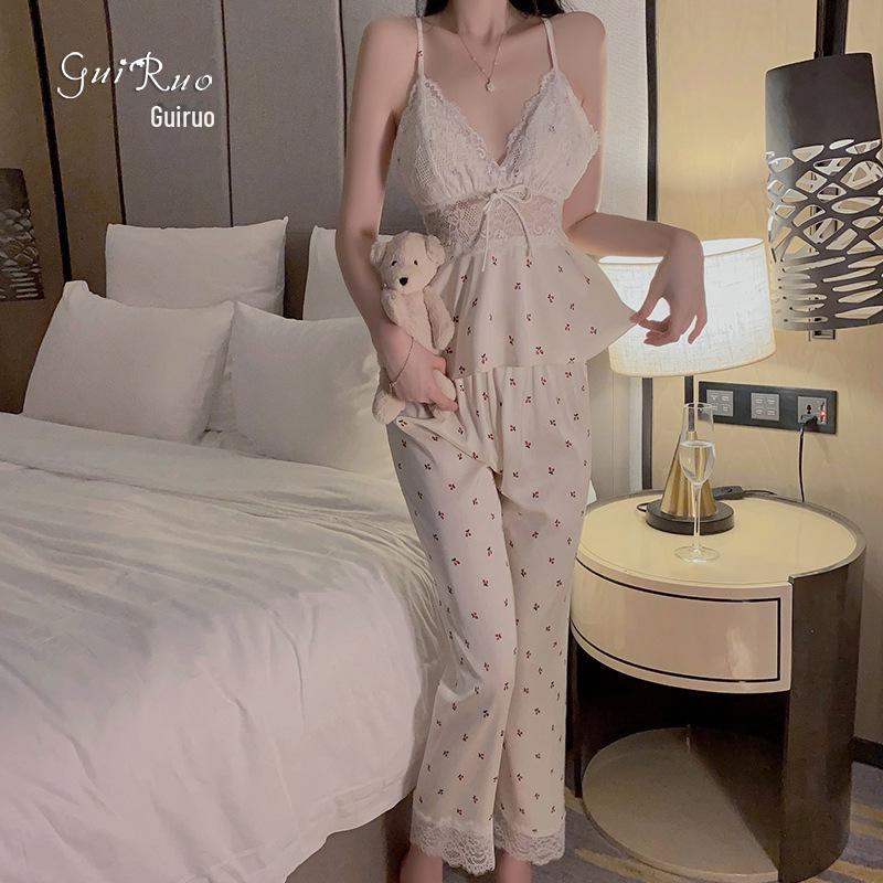 Guiruo Deep V Satin Lace Pajama Set with Chest Pad & Outer Robe