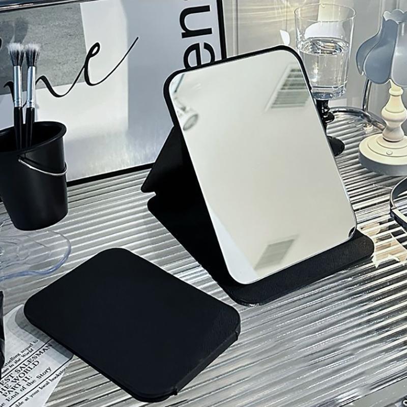 Desktop Makeup Mirror Solid Color Pu Leather Simple Portable Handheld Black Mirror Foldable Student Compact Cute Pocket Mirror