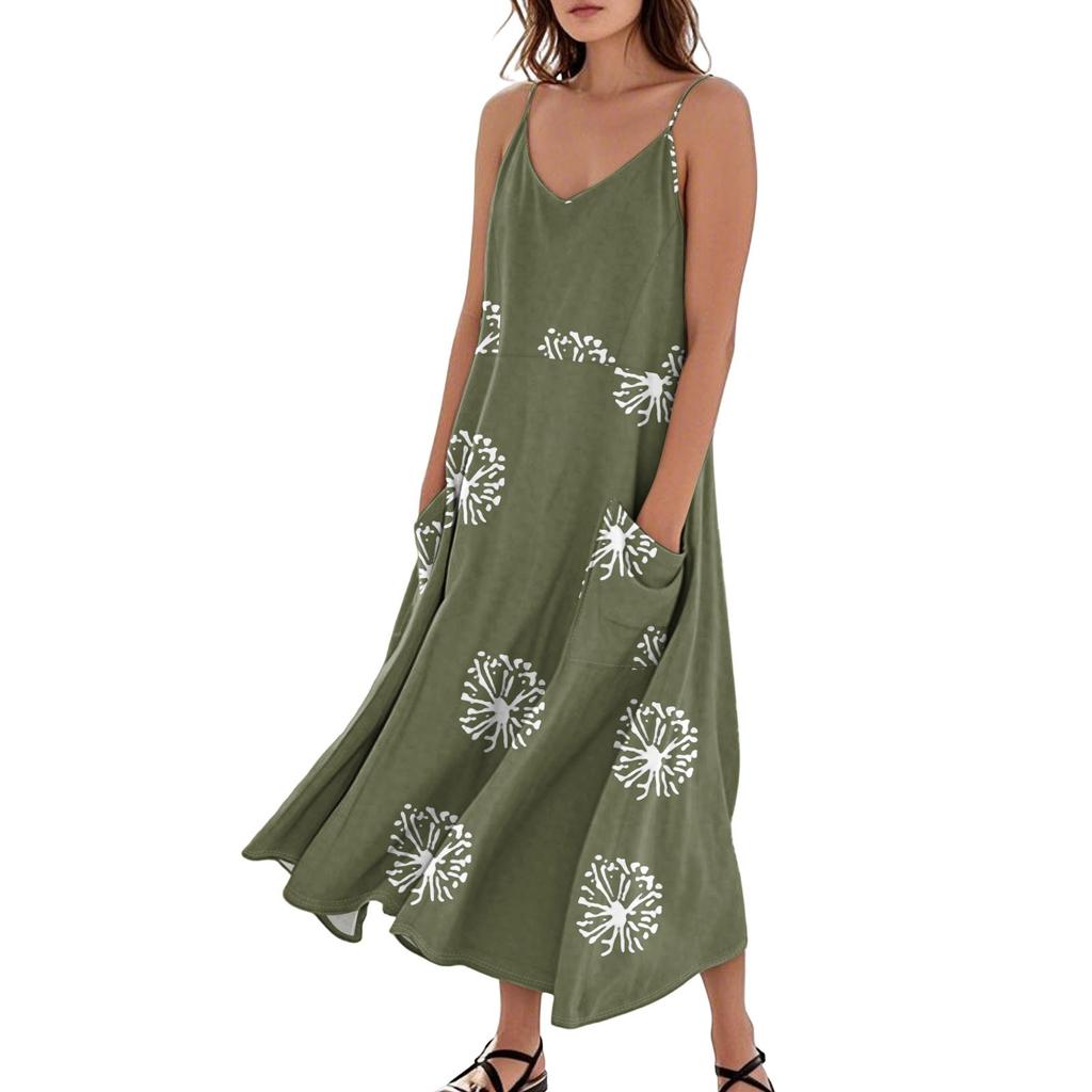 Women's Casual V Neck Dot Print Sleeveless Pocket Suspender Dress