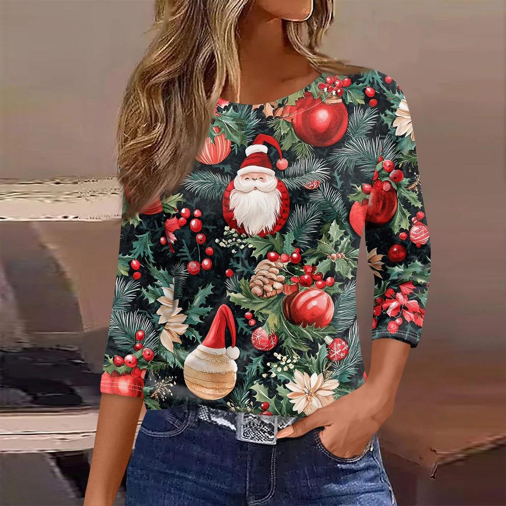 Women's T Shirt Christmas Print 3/4 Sleeve Daily Weekend Fashion Basic Round Neck Regular Top