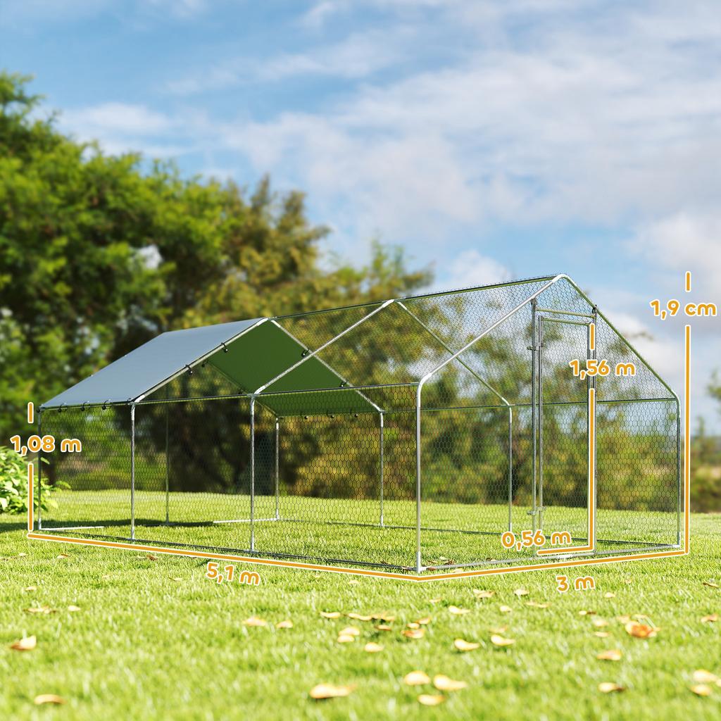 Large Outdoor Chicken Coop Made of Galvanized Steel 5.1x3x1.9 m 15.3 m² with Oxford Fabric Cover and Lock Silver