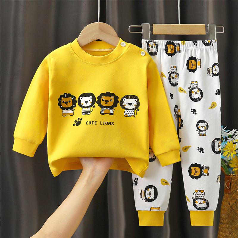 Cartoon Kids 100% Cotton Underwear Set Boys & Girls Thermal Pajamas Soft Long Sleeve Top & Pants Cozy Homewear & Sleepwear