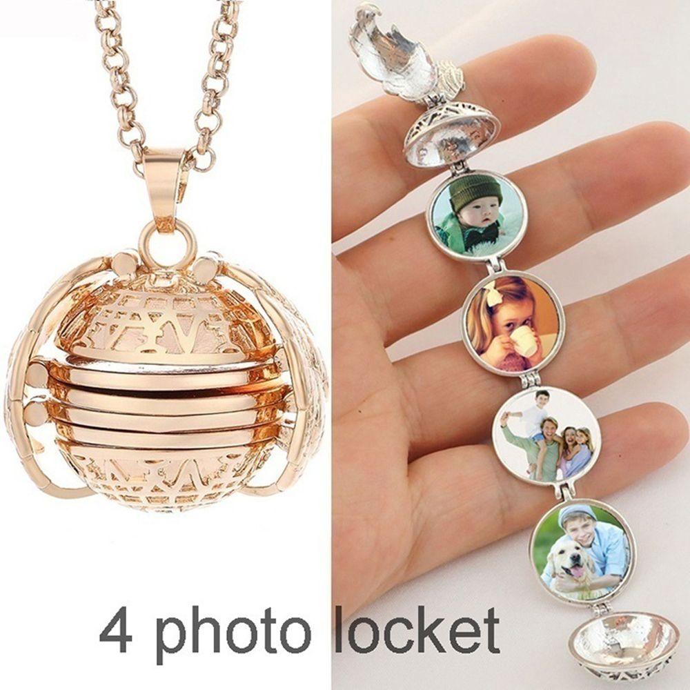 Jewelry Family Photo Magic 4 Photo Pendant Memory Floating Locket Necklace Angel Wings Long Chain