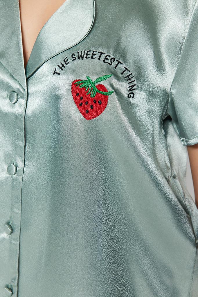 Women's Fashion New Pajama Set Orange Embroidered Satin Shirt-Shorts Woven Pajama Set