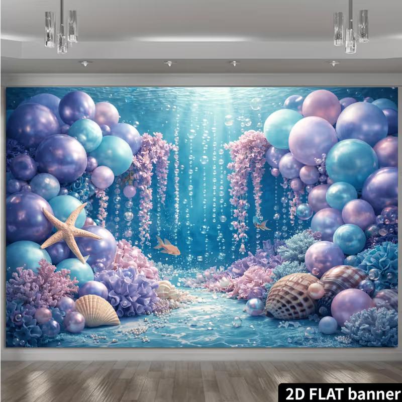 2D Ocean Adventure Backdrop Underwater Purple Blue Balloon & Coral Fabric Banner for Kids Party
