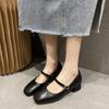 French Mary Jane Shoes Mid-heel 2024 Spring/summer New Square Head Small Leather Shoes with A Line Buckle Thick Heel Shoes