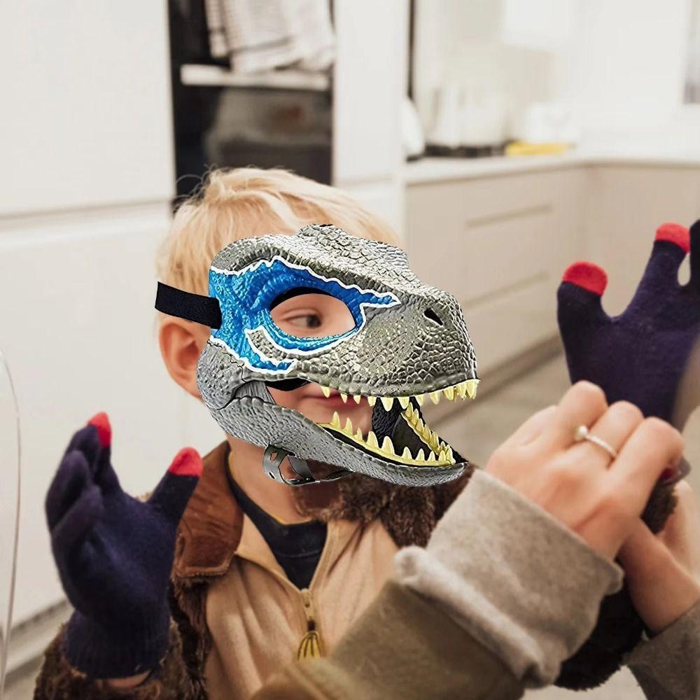 Open Mouth Dinosaur Headgear Moving Jaw Raptor Dino Mask Lifelike Dragon Headwear  for Party