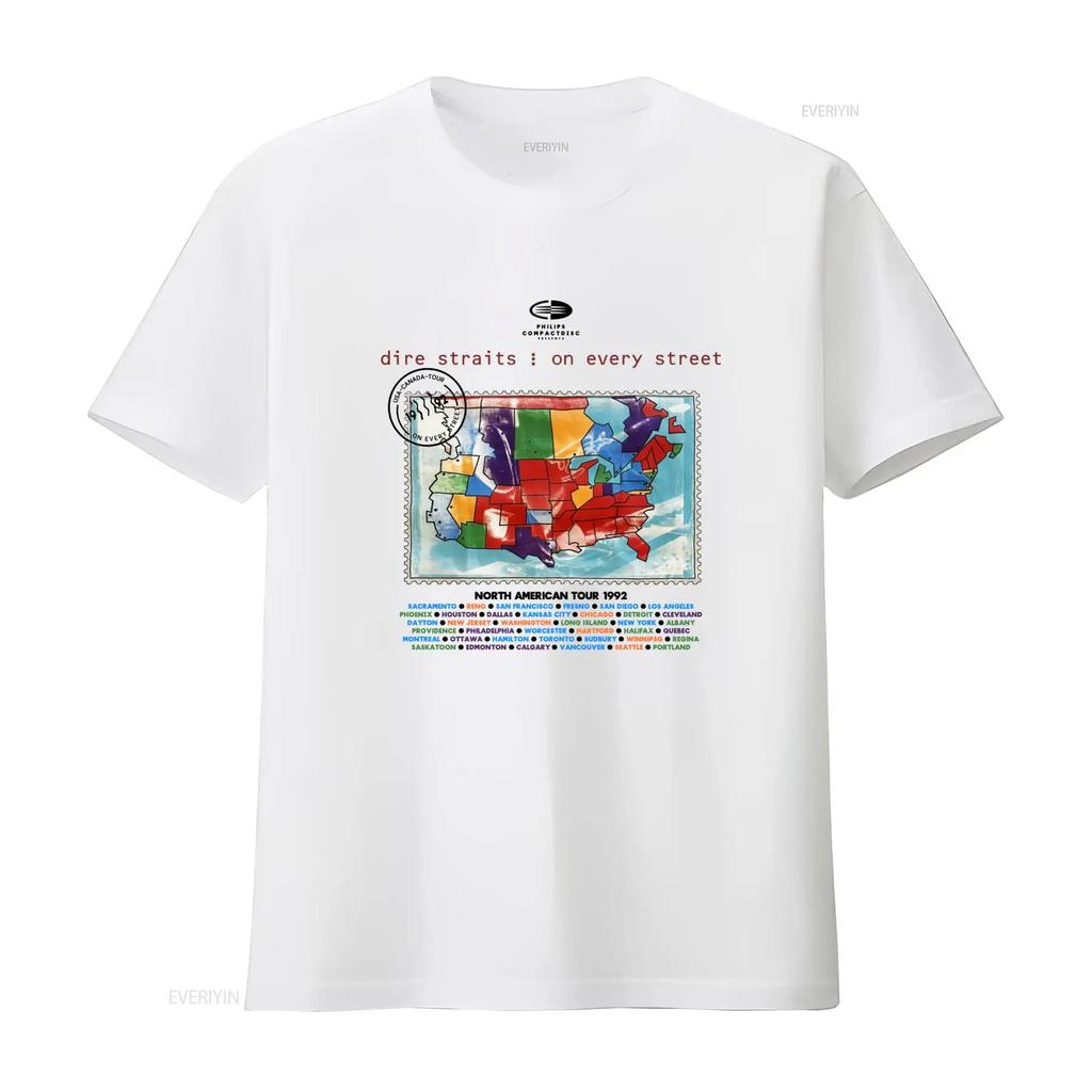1992 Dire Straits on Every Street Tour North American Map Design T shirt vintage Washed Stretched Casual streetwear Stylish