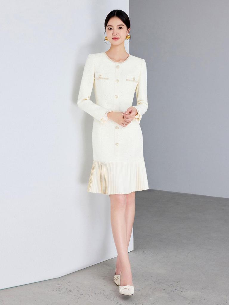 Beige French Style Pleated Long Sleeve Dress for Women - 2025 Elegant Slimming Design