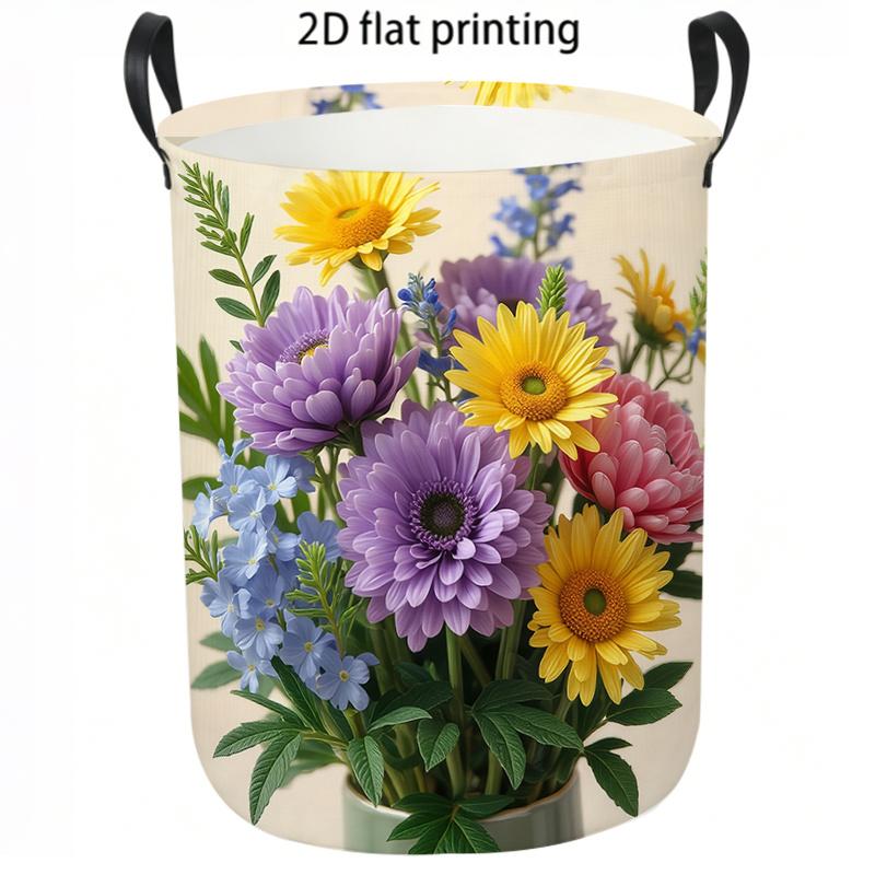 1pc Laundry Basket, Elegant Floral Daisy Pattern Print Dirty Clothes Hamper, Collapsible Storage Organizer with Handles, Casual Home Style Clothing Bi