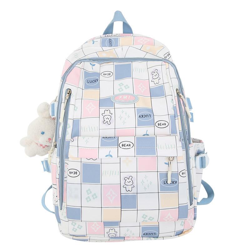 Ins Style Girls' Nylon Large Capacity Backpack For School Students Cartoon Cute Flower Pattern Grid Element