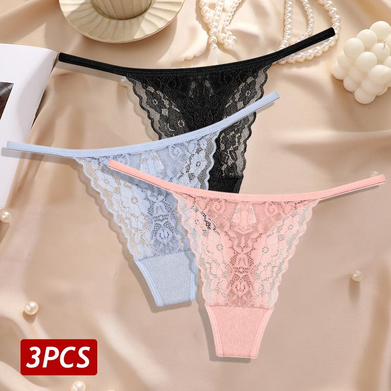 New 3Pcs/Set Sexy Lace Floral Panties For Women Low Waisted Thongs Briefs Sets Fashion Cozy Transparent Intimates Lingerie S-XL
