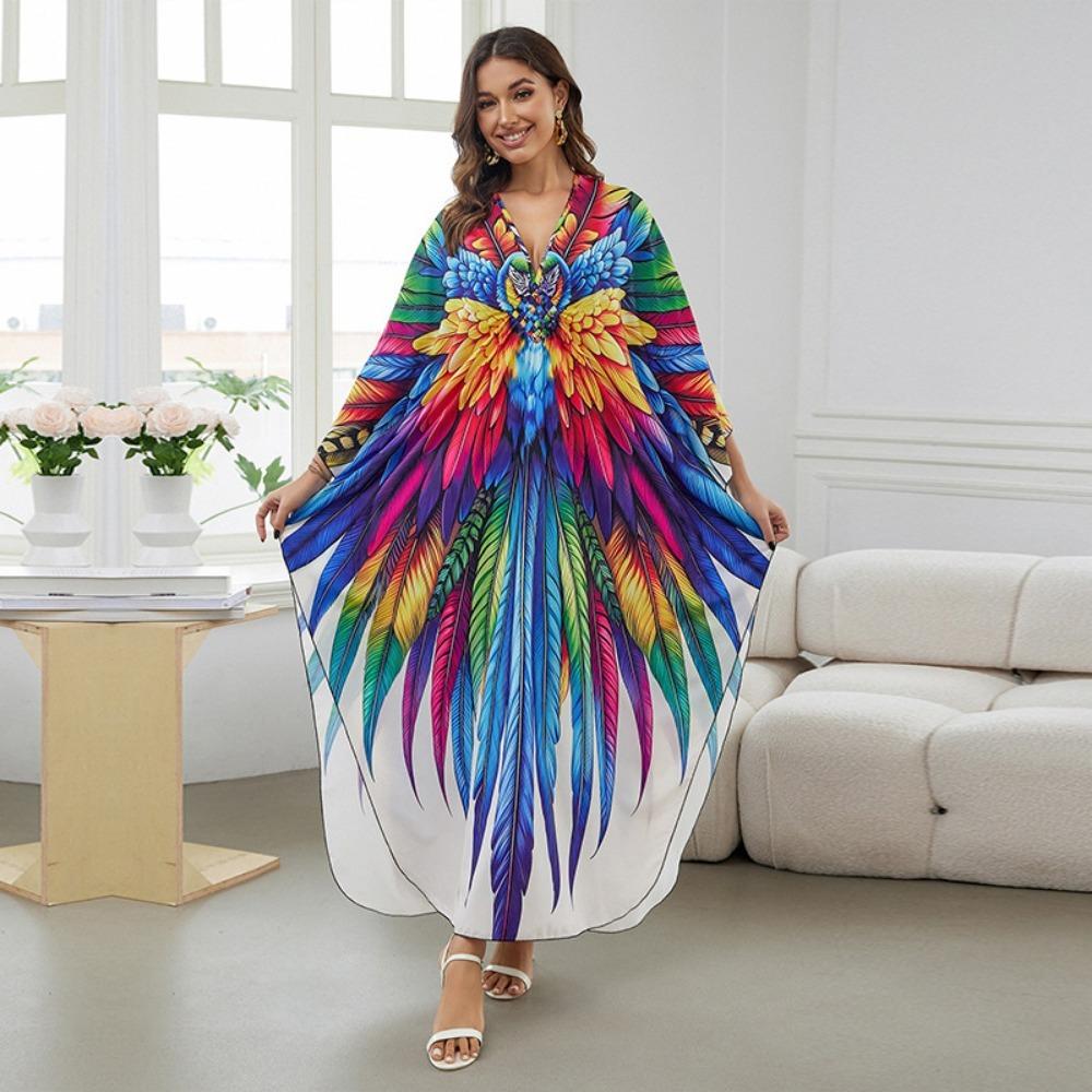 Women's Boho Cover Up, Plus Size Contrast Loose Fit Vacay Beach Kaftan Dress
