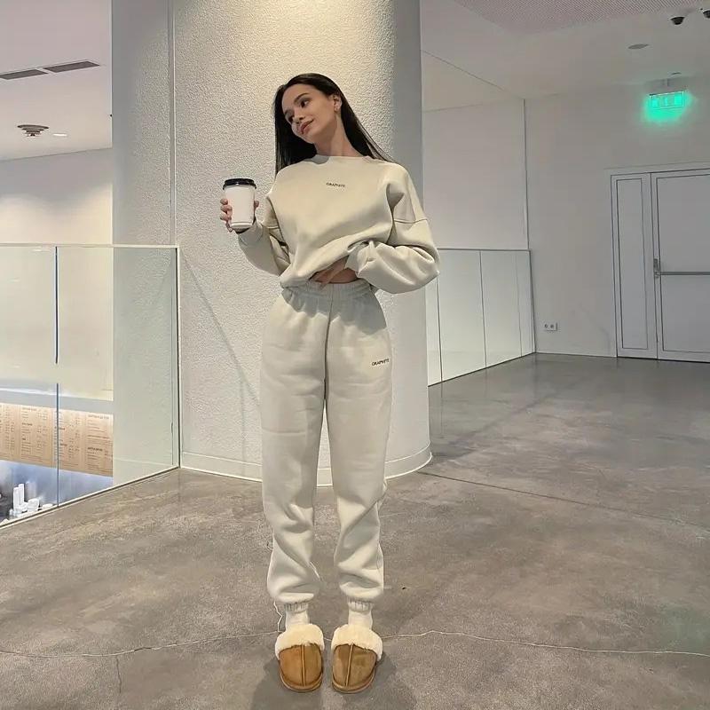 Женский однотонный костюм с длинным рукавом и круглым вырезом, осенне-зимний свободный верх, широкие брюки