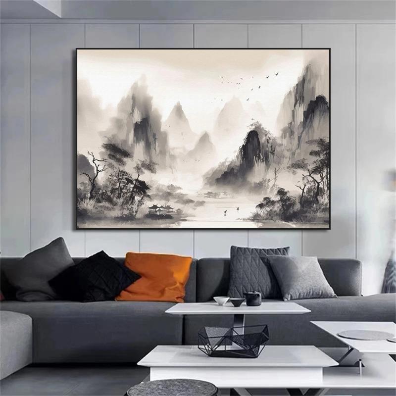 Китайский Пейзаж Птицы Лес Гора Река Карп Кои Рыба Тушь Искусство Постер Холст Живопись Настенное Искусство Принты Картина Домашний Декор