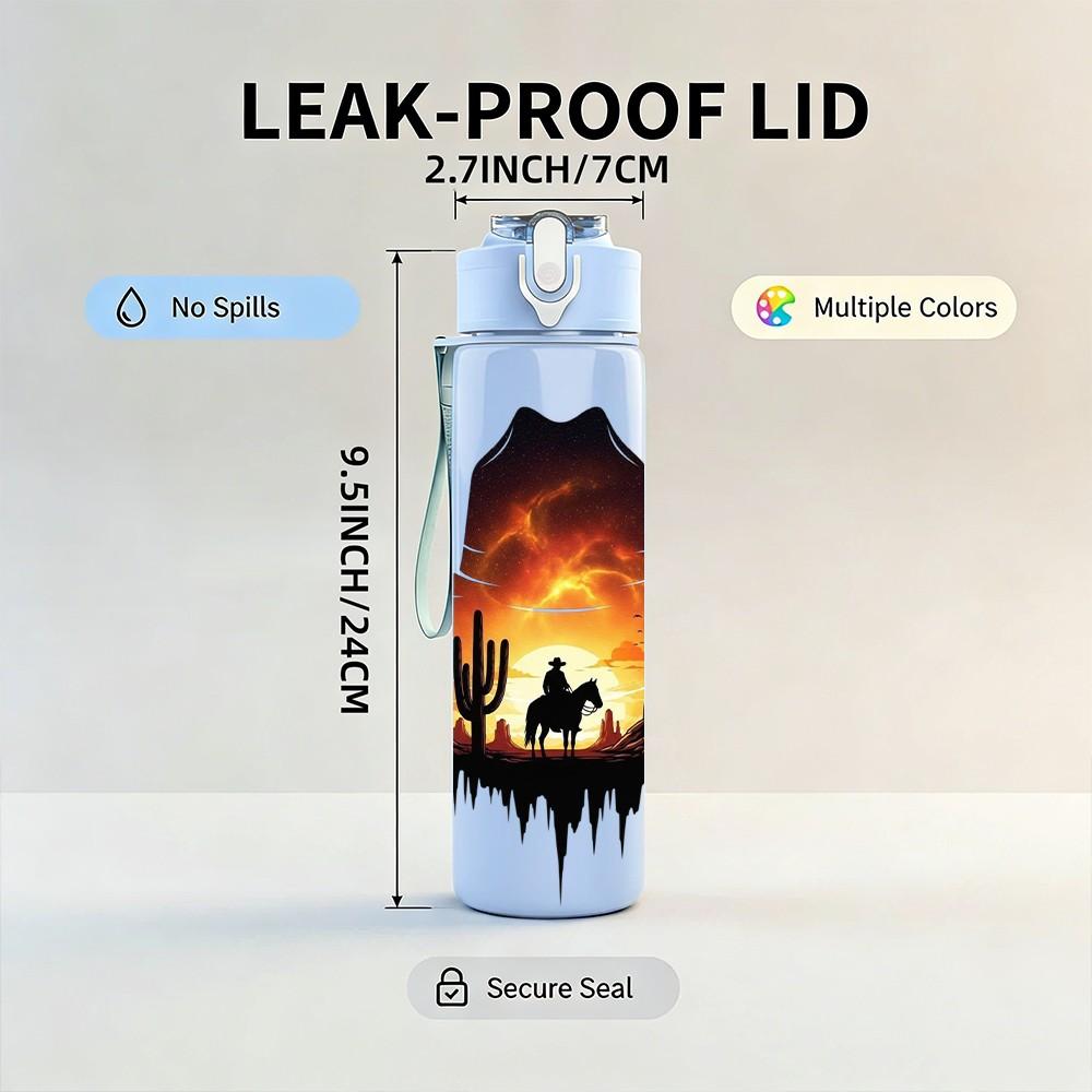 1PC Desert Campfire Cowboy Scene 750ml Color Plastic Sports Water Bottle Leakproof Flip Straw Lid Suitable for Sports Office Home Use