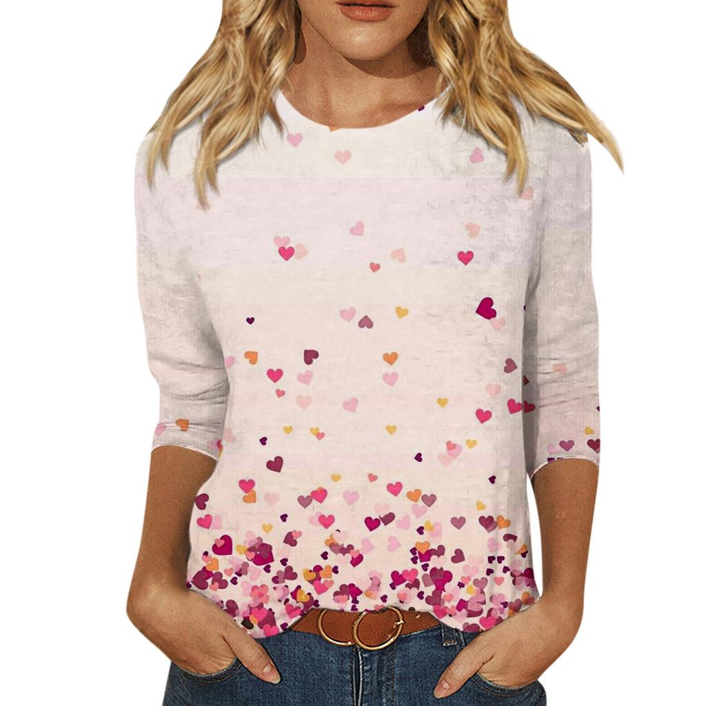 Женская мода, повседневная свободная футболка с принтом на День святого Валентина и круглым вырезом, рукав 3/4, женский топ