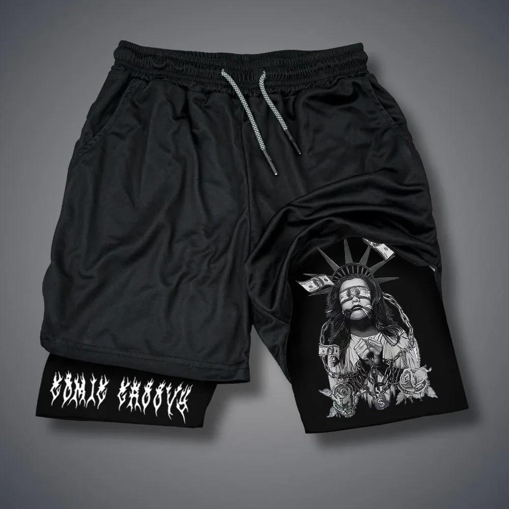 Men 2 In 1 Sports Shorts Gothic Pattern Short Pants Fitness Running Pant Sportswear Casual Shorts Summer Drawstring Jogging Pant