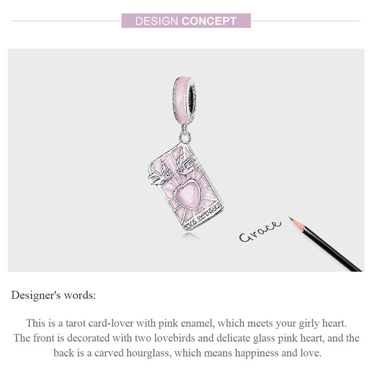 WOSTU 925 Sterling Silver Tarot Cards Lovers Charm Pendant for Women Pink Enamel Heart Lovebirds Charm Fit Original DIY Bracelet Jewelry