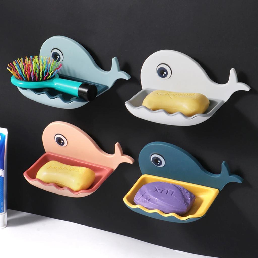 Whale Soap Box, Soap Box for Household Use, No Punching Wall Mounted Toiletries Storage Rack, Bathroom Double-Layer Drain