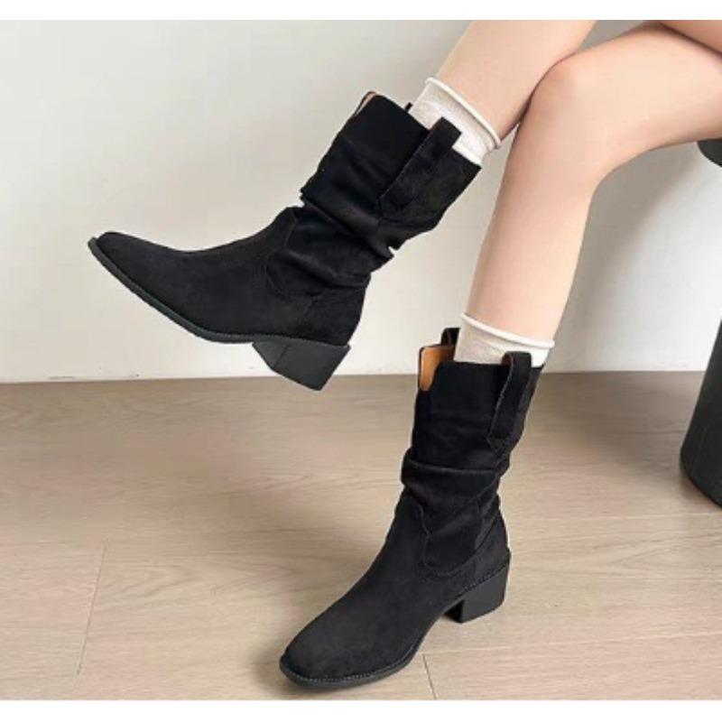 Новые женские ботильоны Осень-Зима, обувь из коровьей замши для женщин, короткие ботинки с острым носком, массивная обувь, ковбойские ботинки