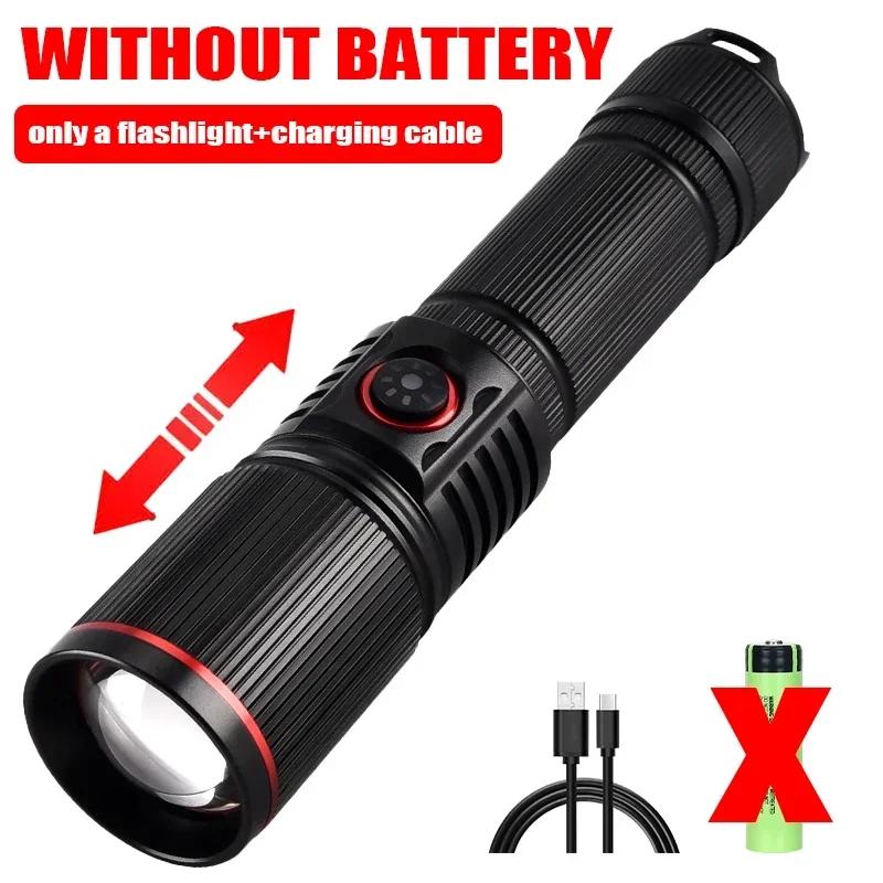 LED Flashlight 18650 or 21700 Battery Zoom Torch Light Lamp Aluminum Alloy White Laser Powerful With Tail Rope Power Indicator
