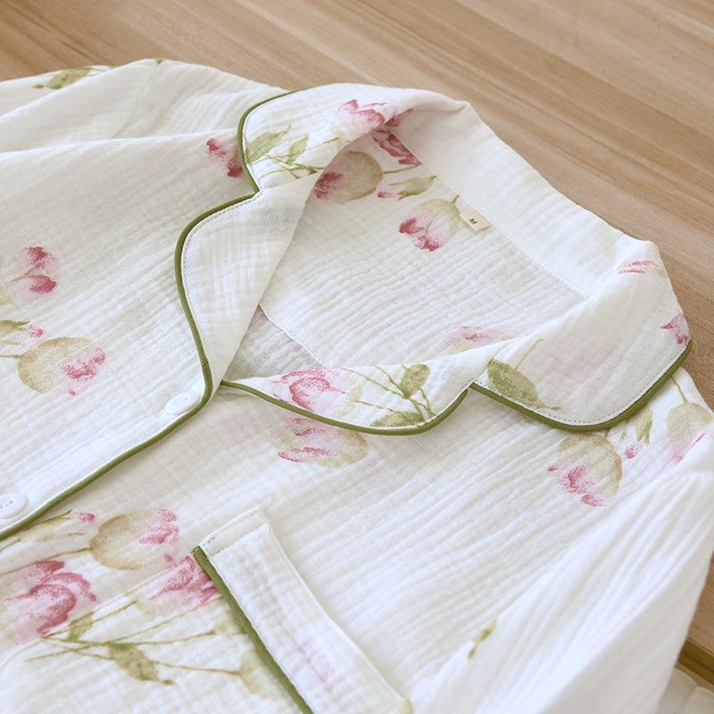 Женский пасторальный пижамный комплект - Длинный рукав, Двухслойный креп, Чистая хлопковая марля для весны, лета, осени.