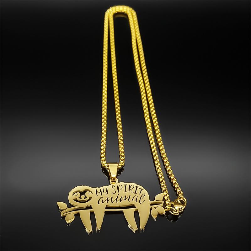 Cute Sleep Sloth Necklace For Women Men Stainless Steel Gold Silver Color My Spirit Animal Branch Chain Jewelry Gifts Collar