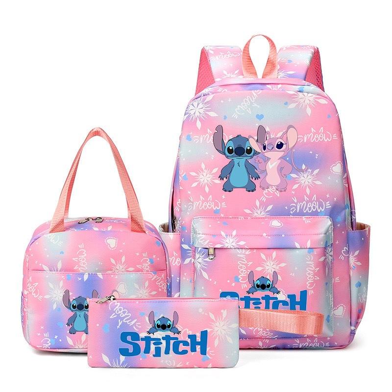 Stitch 3-Piece Backpack Set Cartoon Print School Bag for Boys Girls Outdoor Travel Large Capacity Lightweight Bookbag Disney Collection