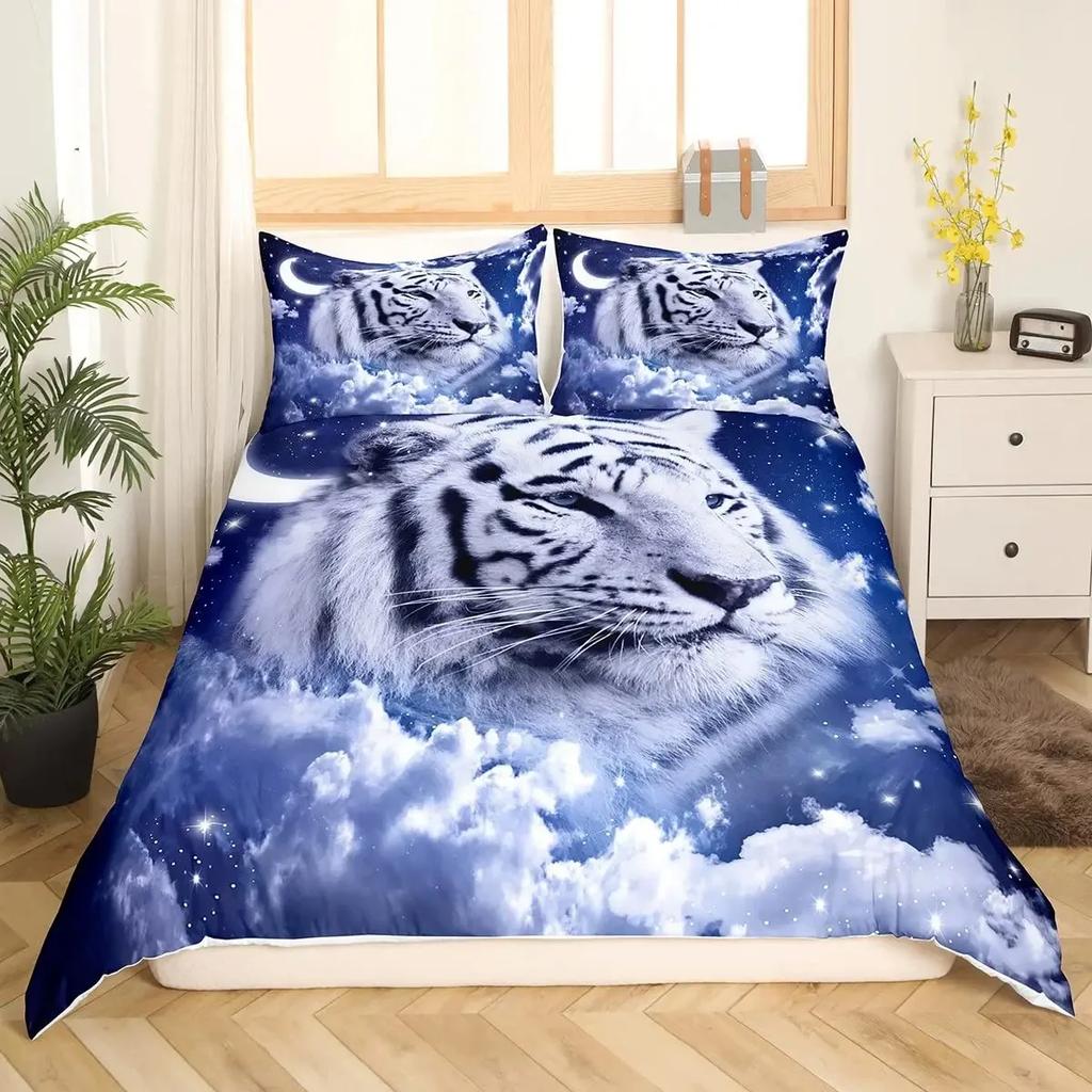 Tiger Duvet Cover Sets Full Size King Size,African Animals Bedding Set,Tropical Wild Animal Comforter Cover Quilt Cover
