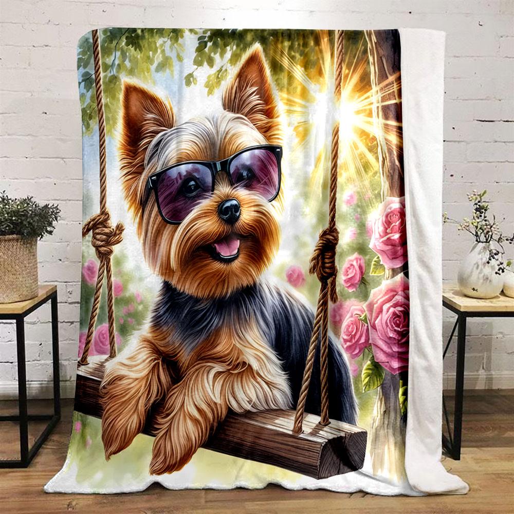 Yorkie on Swing with Sunglasses print blanket soft and cozy perfect for the living room bed sofa or a nap,gift