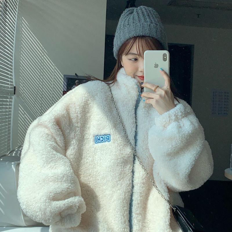 Женские толстовки плюс бархатные пары на молнии с надписью с длинным рукавом из овечьей шерсти оверсайз мягкие модные повседневные теплые универсальные в корейском стиле