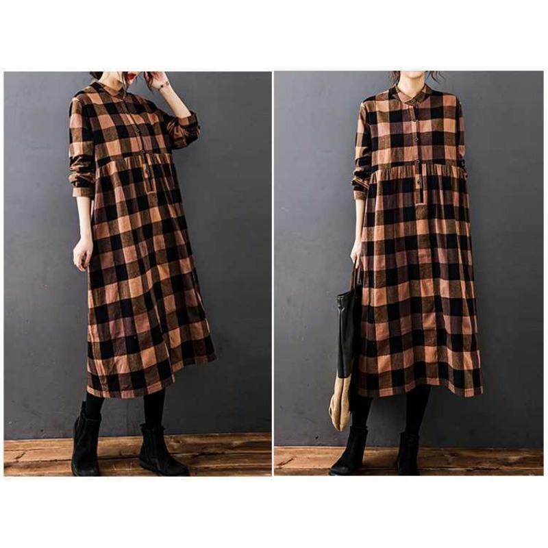 Women's Loose Spliced Cotton Linen Long Sleeved Dress