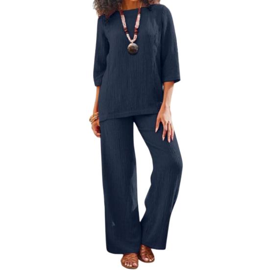 2 Pcs/Set Women Top Pants Set O Neck Three Quarter Sleeves Loose Retro Elastic