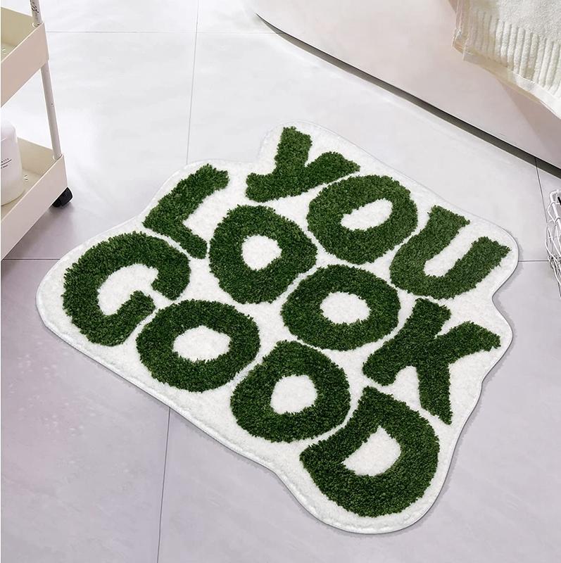 Inyahome You Look Good Bathroom Mat Green Tufted Shaggy Cute Funny Door Kitchen Mats Carpet Microfiber Mat Bathroom Rugs 25”x21”
