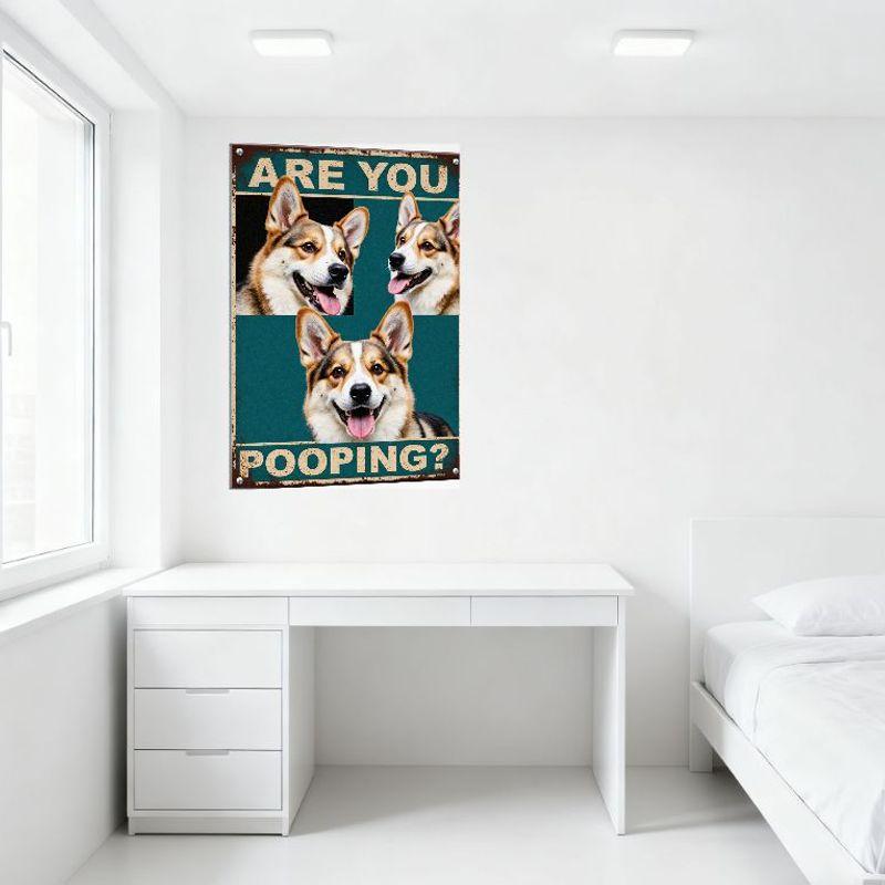 Vintage Rustic Teal Metal Sign with Happy Corgi Collage Photos - 'ARE YOU POOPING?' Distressed Text - Retro Home Decor for Man C