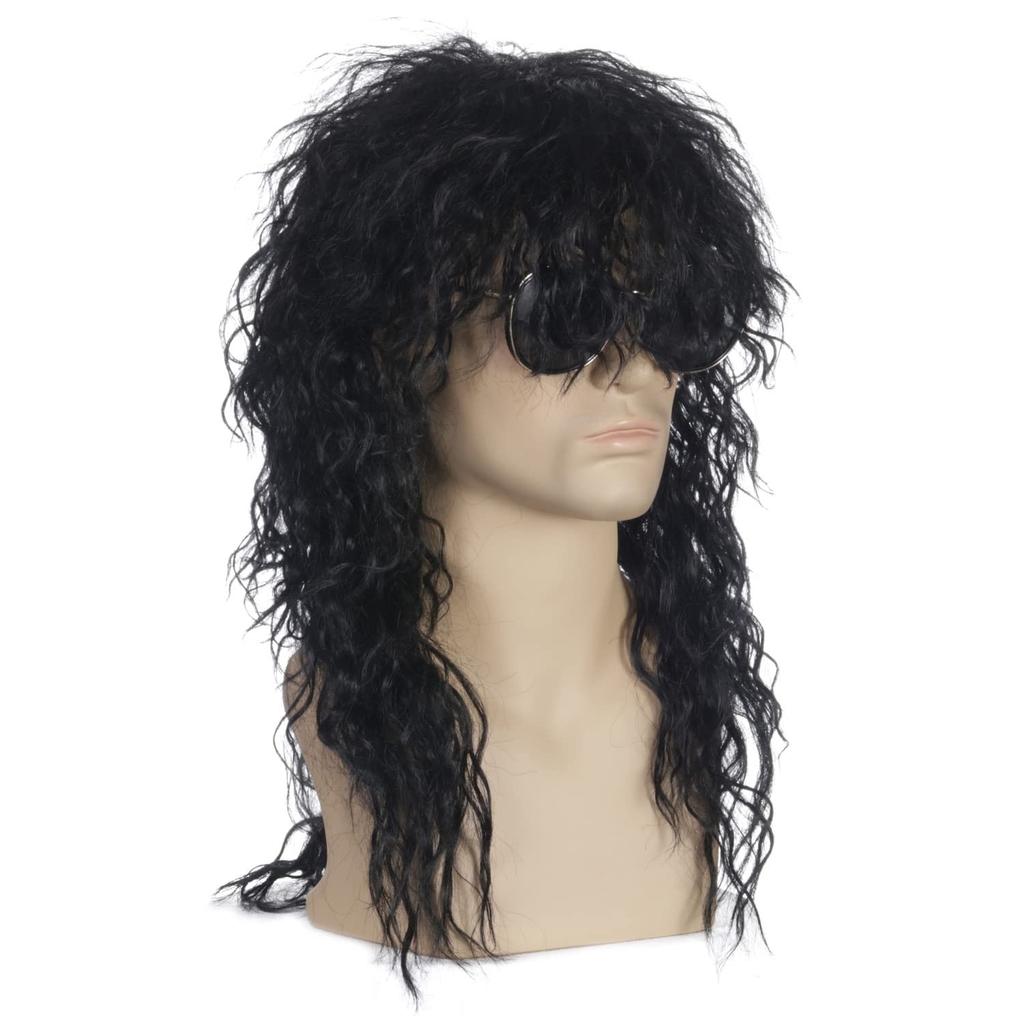 YOVEKAT Halloween Men's Black 80s Rocker Heavy Metal Punk Curly Wig Cosplay Costume Fancy Dress for Party