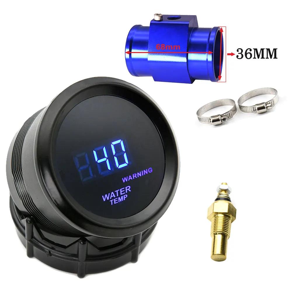 52mm Water Temperature Gauge Blue LED Light with 16mm-40mm Joint Pipe Adapter Black/Blue with Water Temp 1/8NPT Sensor