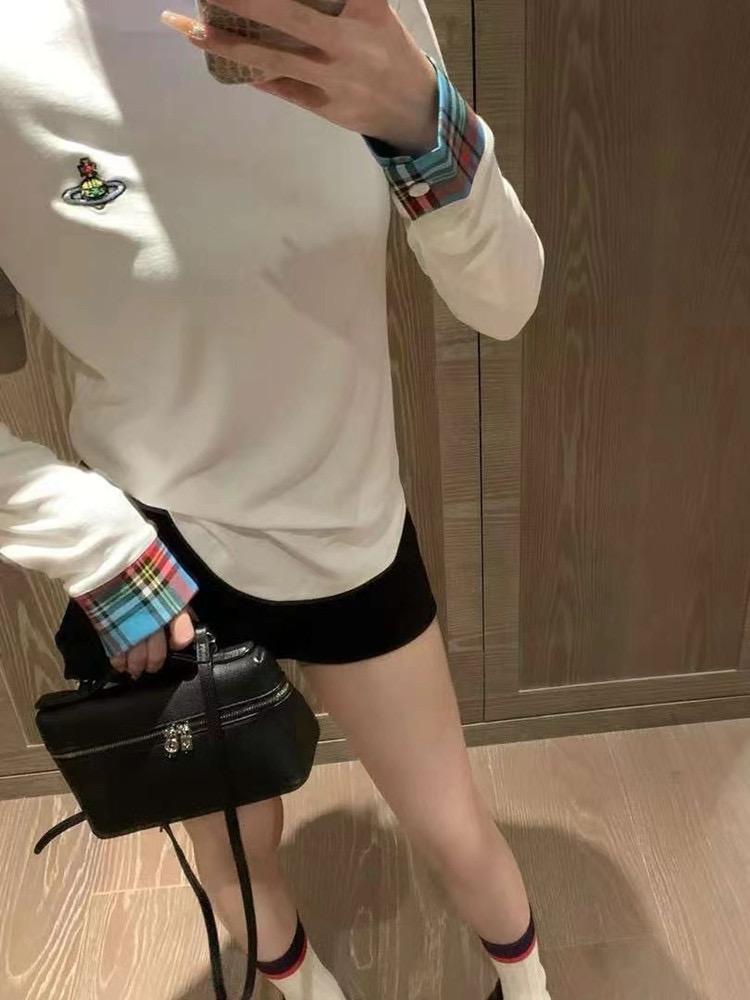 Осенняя женская корейская мода вышитая клетчатая лоскутная футболка с длинным рукавом топы с круглым вырезом винтажные 2000-е эстетика прилив простые